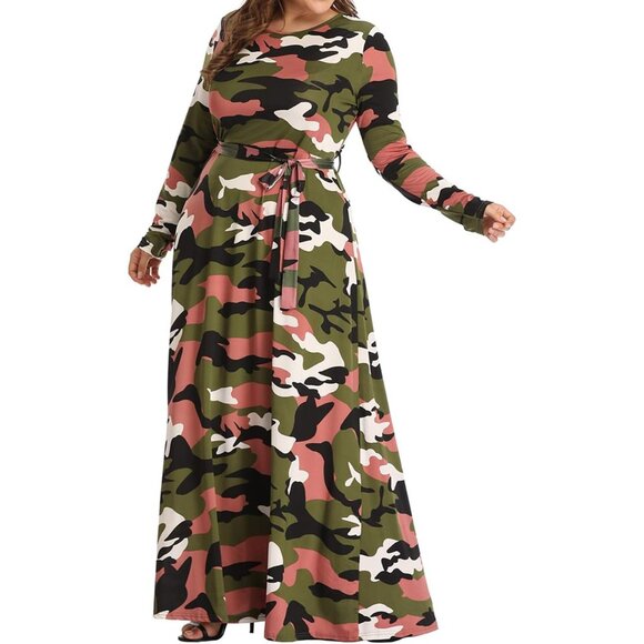 Plus Size Camouflage Maxi Dress Long Sleeve Floor Length Party Casual - Picture 5 of 9